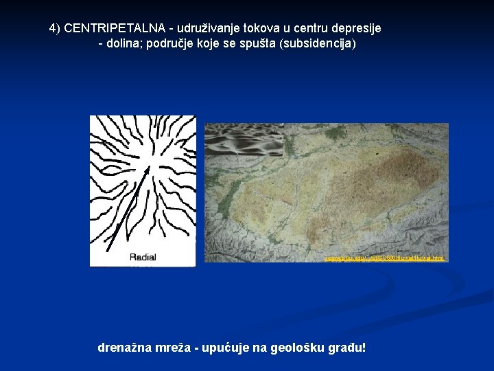 4) CENTRIPETALNA - udruživanje tokova u centru depresije - dolina; područje koje se spušta