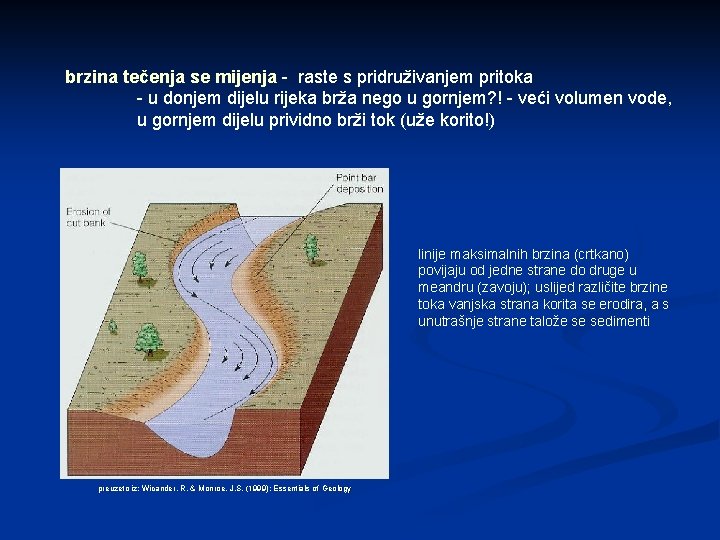 brzina tečenja se mijenja - raste s pridruživanjem pritoka - u donjem dijelu rijeka