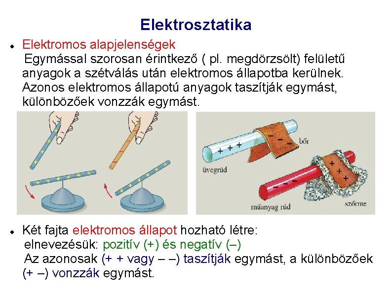 Elektrosztatika Elektromos alapjelenségek Egymással szorosan érintkező ( pl. megdörzsölt) felületű anyagok a szétválás után