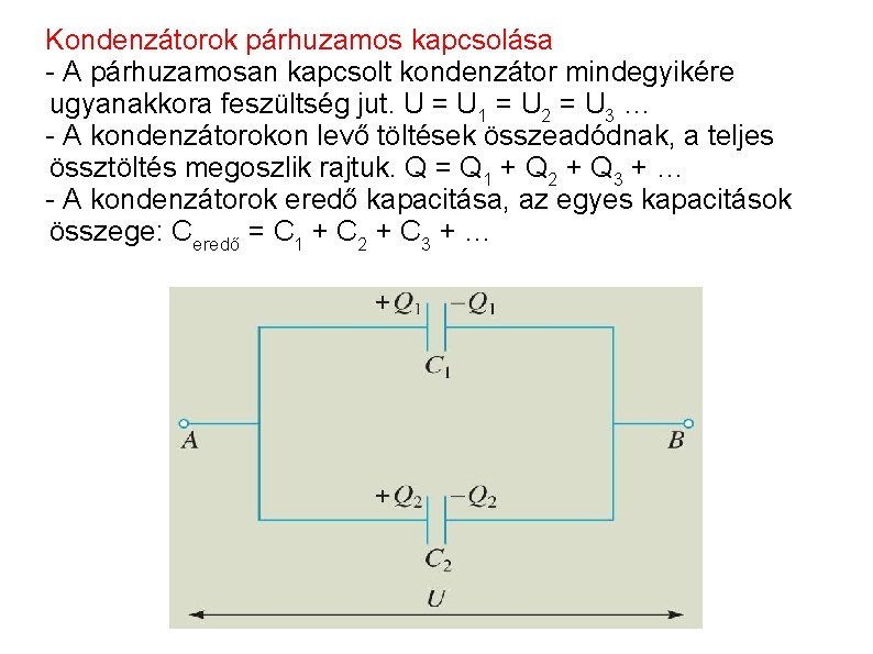 Kondenzátorok párhuzamos kapcsolása - A párhuzamosan kapcsolt kondenzátor mindegyikére ugyanakkora feszültség jut. U =