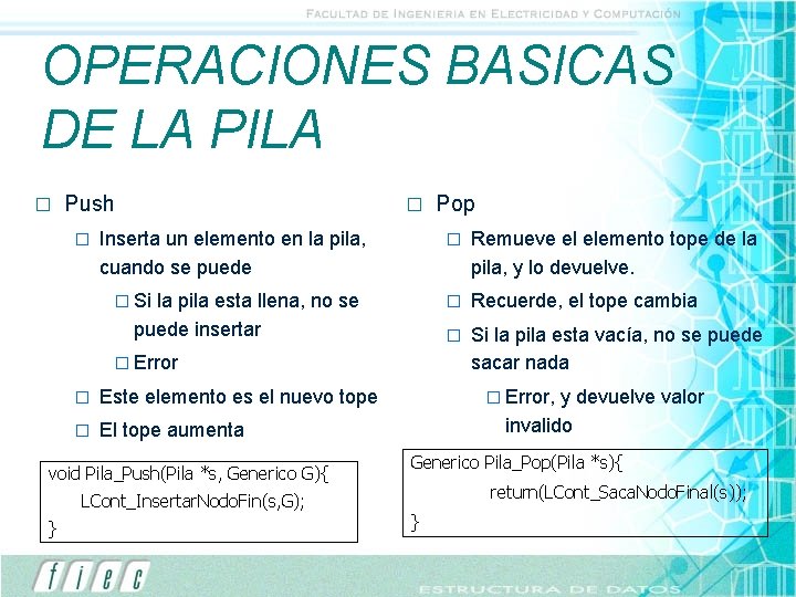 OPERACIONES BASICAS DE LA PILA � Push � � Inserta un elemento en la OPERACIONES BASICAS DE LA PILA � Push � � Inserta un elemento en la