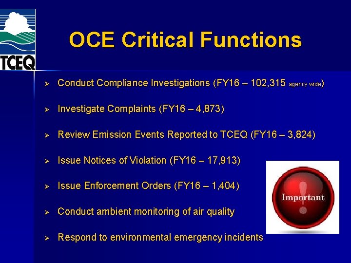 OCE Critical Functions Ø Conduct Compliance Investigations (FY 16 – 102, 315 agency wide) OCE Critical Functions Ø Conduct Compliance Investigations (FY 16 – 102, 315 agency wide)