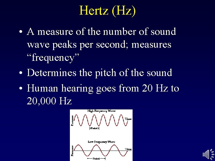 Hertz (Hz) • A measure of the number of sound wave peaks per second;