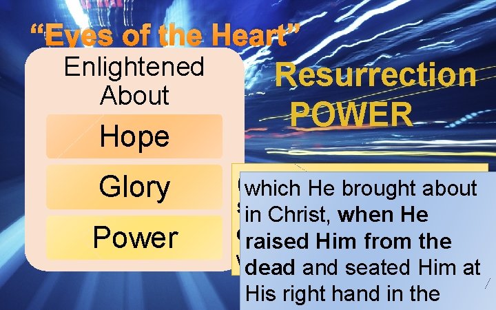 “Eyes of the Heart” Enlightened About Hope Glory Power Resurrection POWER (1: 19) what