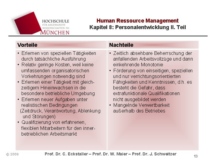 Human Ressource Management Kapitel 8: Personalentwicklung II. Teil Vorteile Nachteile • Erlernen von speziellen Human Ressource Management Kapitel 8: Personalentwicklung II. Teil Vorteile Nachteile • Erlernen von speziellen
