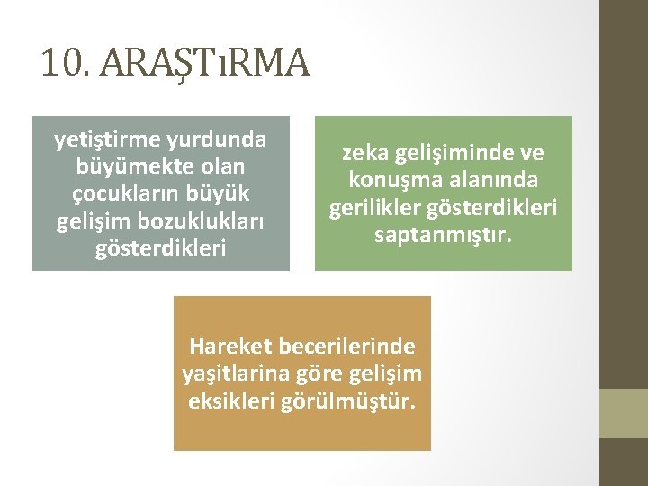 10. ARAŞTıRMA yetiştirme yurdunda büyümekte olan çocukların büyük gelişim bozuklukları gösterdikleri zeka gelişiminde ve 10. ARAŞTıRMA yetiştirme yurdunda büyümekte olan çocukların büyük gelişim bozuklukları gösterdikleri zeka gelişiminde ve