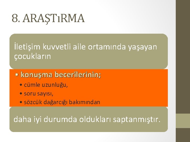 8. ARAŞTıRMA İletişim kuvvetli aile ortamında yaşayan çocukların • konuşma becerilerinin; • cümle uzunluğu, 8. ARAŞTıRMA İletişim kuvvetli aile ortamında yaşayan çocukların • konuşma becerilerinin; • cümle uzunluğu,