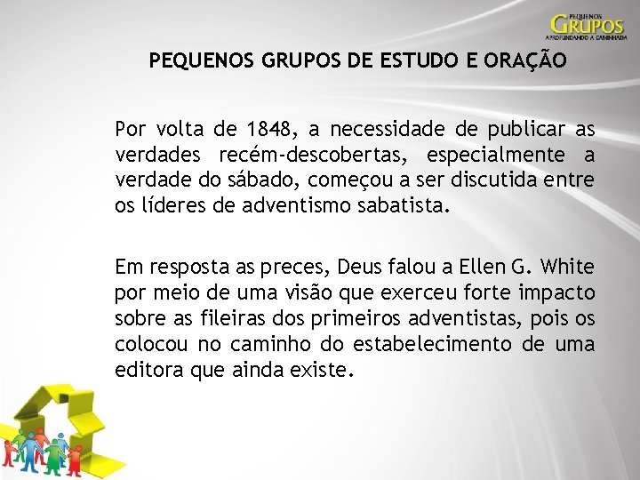 PEQUENOS GRUPOS DE ESTUDO E ORAÇÃO Por volta de 1848, a necessidade de publicar