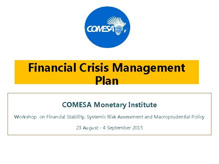 Financial Crisis Management Plan COMESA Monetary Institute Workshop on Financial Stability, Systemic Risk Assessment