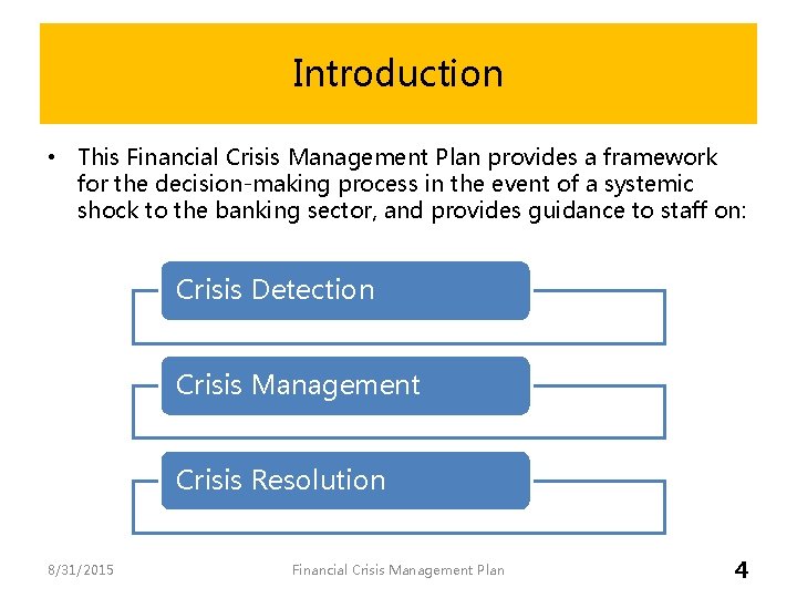 Introduction • This Financial Crisis Management Plan provides a framework for the decision-making process