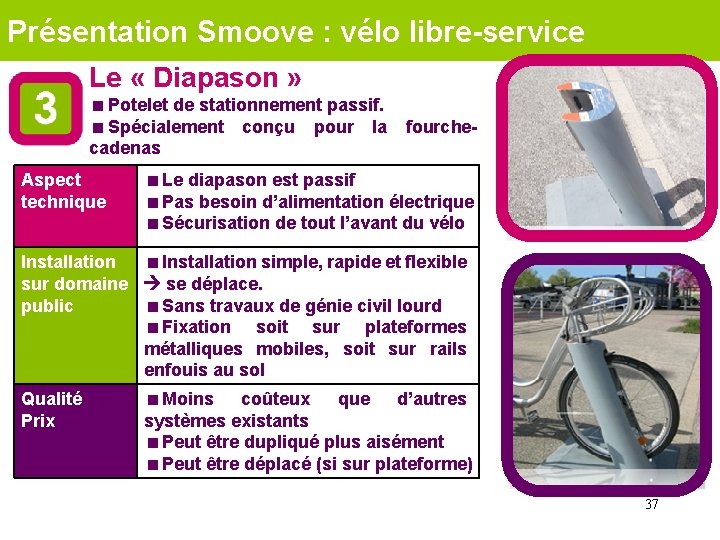 Présentation Smoove : vélo libre-service Le « Diapason » <Potelet de stationnement passif. <Spécialement