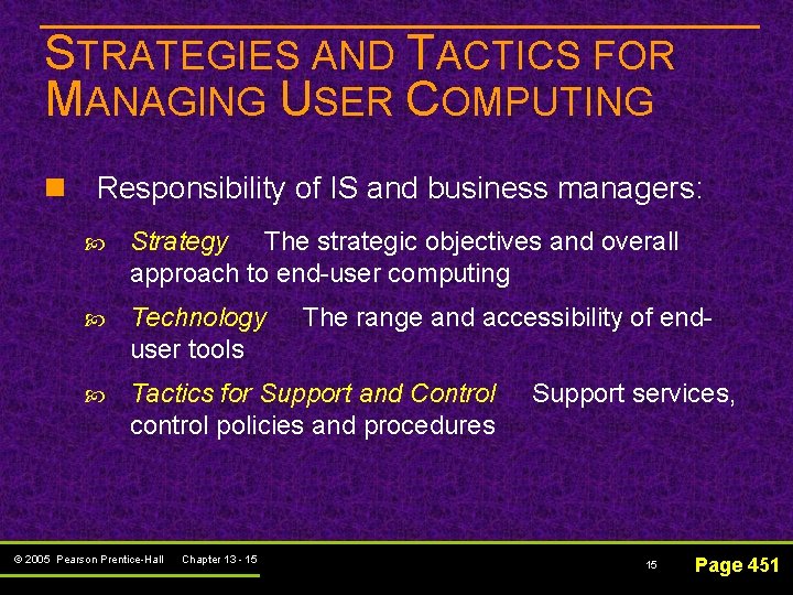 STRATEGIES AND TACTICS FOR MANAGING USER COMPUTING n Responsibility of IS and business managers: