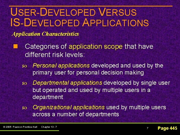 USER-DEVELOPED VERSUS IS-DEVELOPED APPLICATIONS Application Characteristics n Categories of application scope that have different