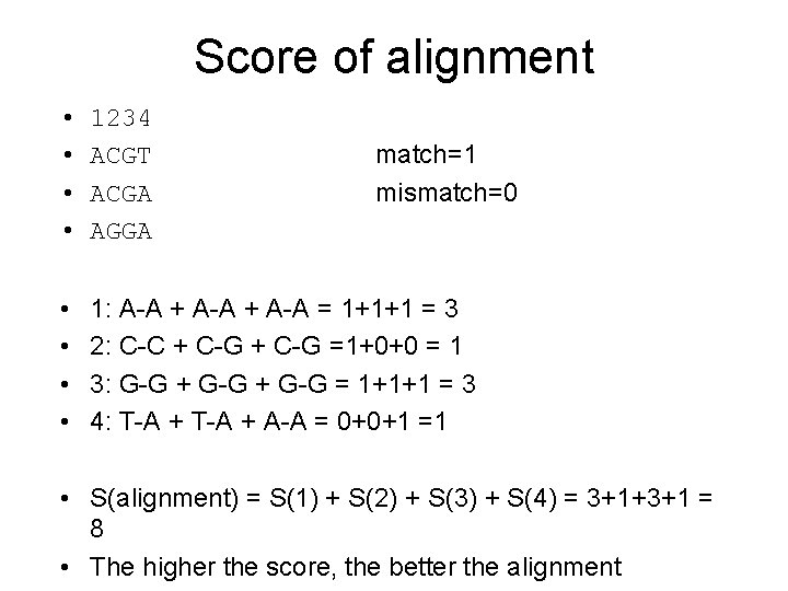 Score of alignment • • 1234 ACGT ACGA AGGA • • 1: A-A +