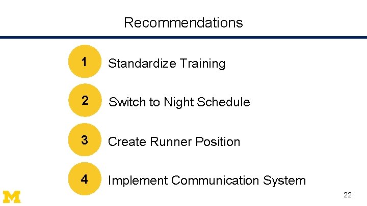 Recommendations 1 Standardize Training 2 Switch to Night Schedule 3 Create Runner Position 4