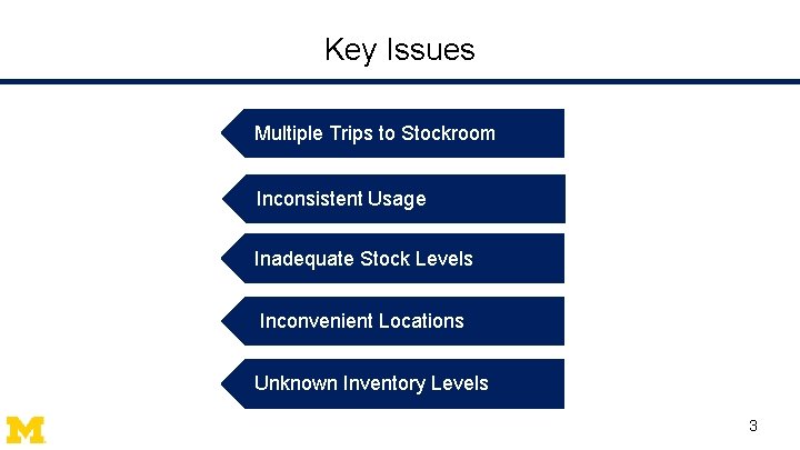 Key Issues Multiple Trips to Stockroom Inconsistent Usage Inadequate Stock Levels Inconvenient Locations Unknown