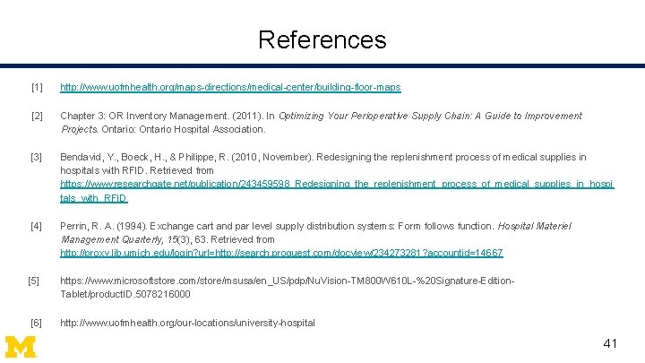 References [1] http: //www. uofmhealth. org/maps-directions/medical-center/building-floor-maps [2] Chapter 3: OR Inventory Management. (2011). In