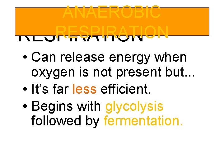 ANAEROBIC CELLULAR RESPIRATION • Can release energy when oxygen is not present but. .
