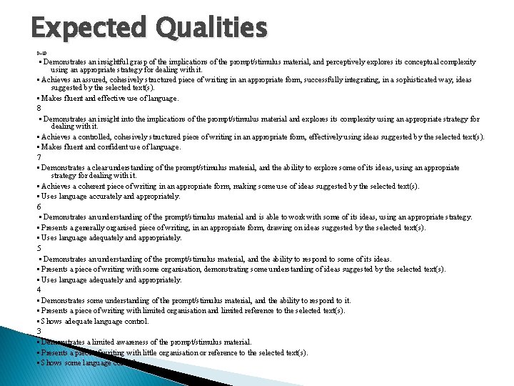 Expected Qualities 9– 10 • Demonstrates an insightful grasp of the implications of the