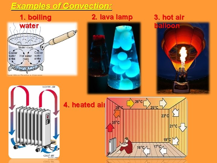 Examples of Convection: 1. boiling water 2. lava lamp 4. heated air 3. hot