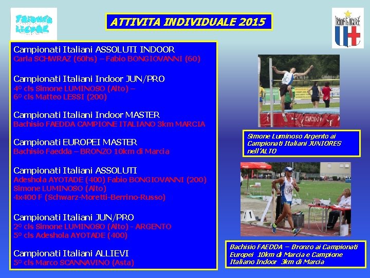 ATTIVITA INDIVIDUALE 2015 Campionati Italiani ASSOLUTI INDOOR Carla SCHWRAZ (60 hs) – Fabio BONGIOVANNI