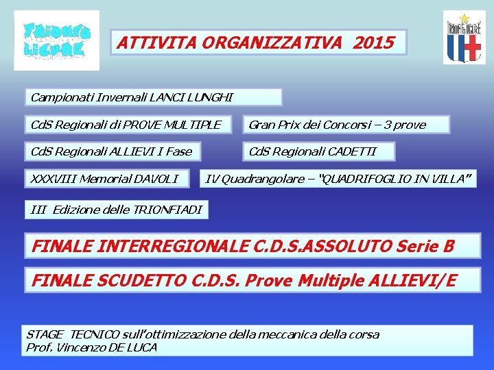 ATTIVITA ORGANIZZATIVA 2015 Campionati Invernali LANCI LUNGHI Cd. S Regionali di PROVE MULTIPLE Gran