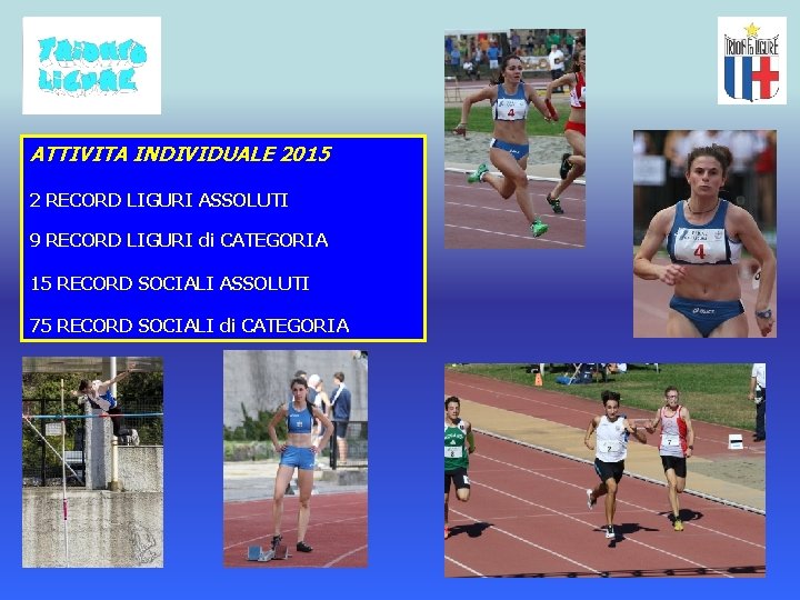 ATTIVITA INDIVIDUALE 2015 2 RECORD LIGURI ASSOLUTI 9 RECORD LIGURI di CATEGORIA 15 RECORD