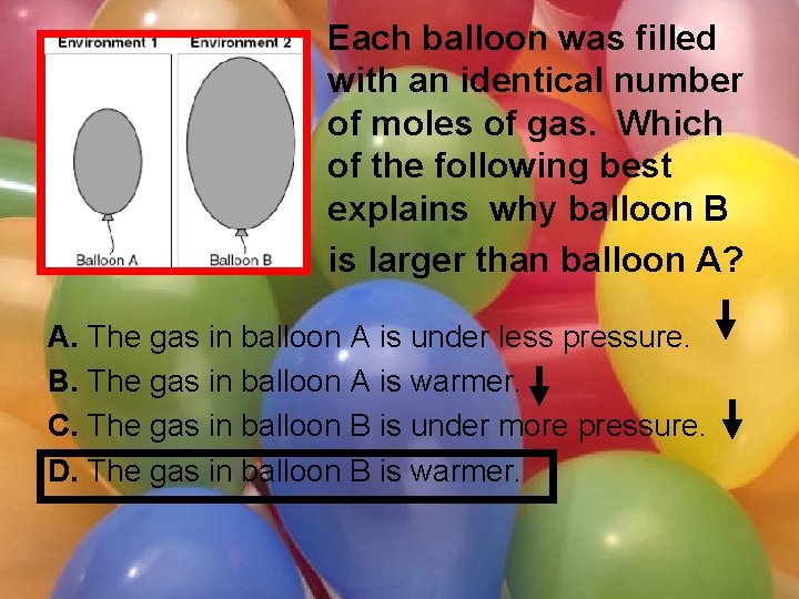 Each balloon was filled with an identical number of moles of gas. Which of