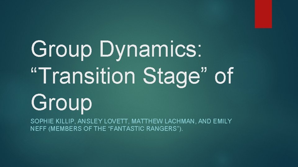 Group Dynamics: “Transition Stage” of Group SOPHIE KILLIP, ANSLEY LOVETT, MATTHEW LACHMAN, AND EMILY