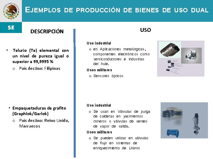 EJEMPLOS DE PRODUCCIÓN DE BIENES DE USO DUAL DESCRIPCIÓN • Telurio (Te) elemental con