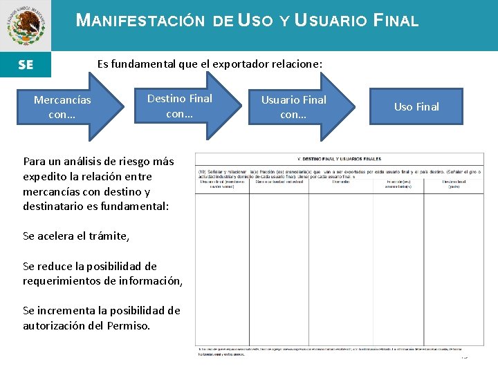 MANIFESTACIÓN DE USO Y USUARIO FINAL Es fundamental que el exportador relacione: Mercancías con…