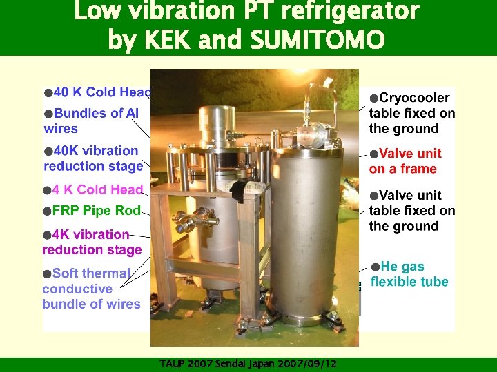 Low vibration PT refrigerator by KEK and SUMITOMO TAUP 2007 Sendai Japan 2007/09/12 