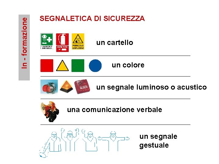 In - formazione SEGNALETICA DI SICUREZZA un cartello un colore un segnale luminoso o