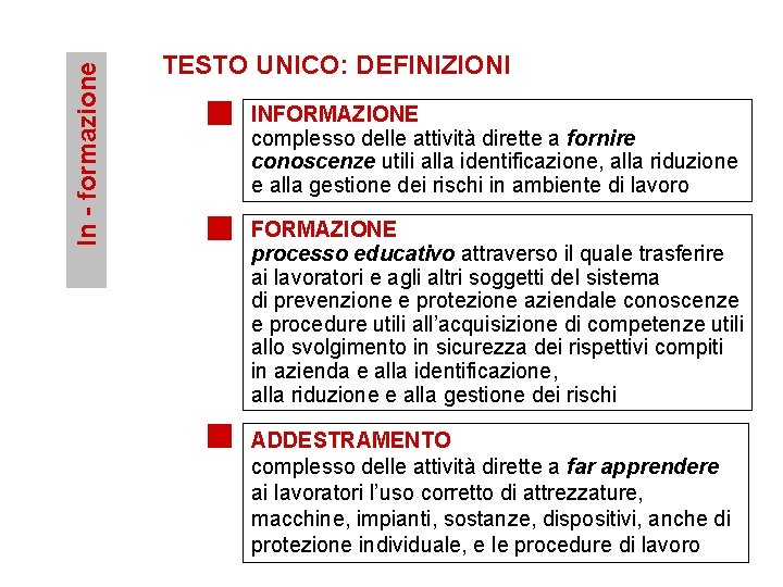 In - formazione TESTO UNICO: DEFINIZIONI INFORMAZIONE complesso delle attività dirette a fornire conoscenze