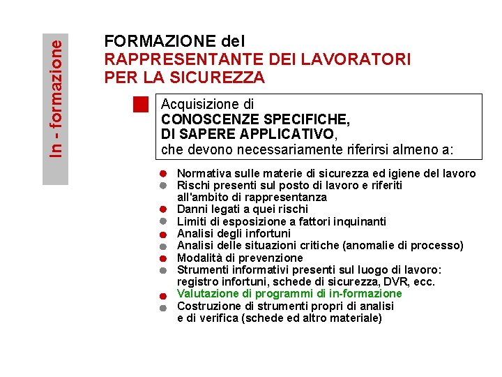 In - formazione FORMAZIONE del RAPPRESENTANTE DEI LAVORATORI PER LA SICUREZZA Acquisizione di CONOSCENZE