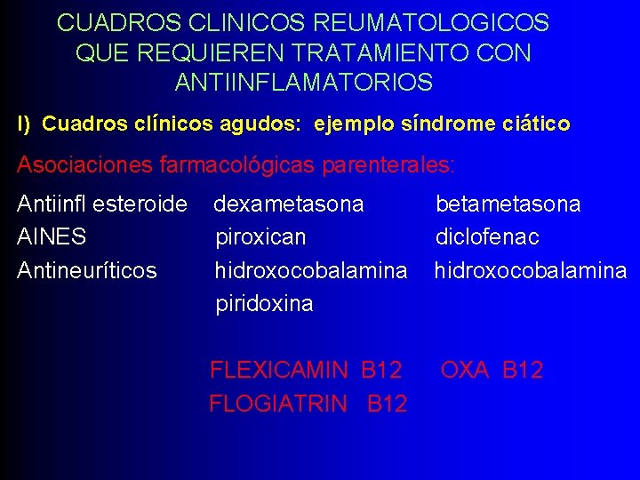 CUADROS CLINICOS REUMATOLOGICOS QUE REQUIEREN TRATAMIENTO CON ANTIINFLAMATORIOS I) Cuadros clínicos agudos: ejemplo síndrome