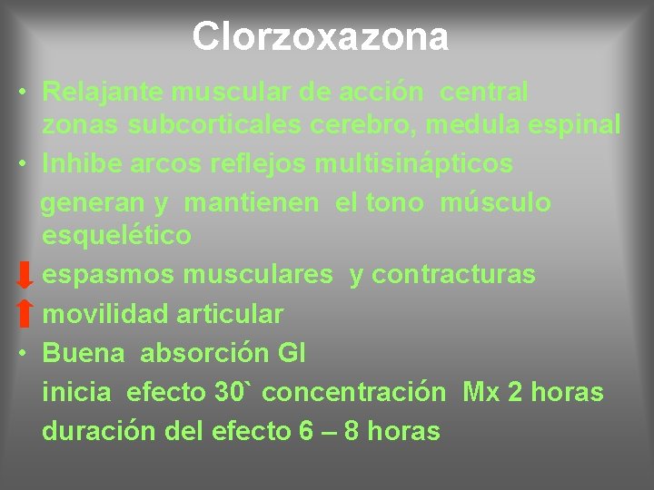 Clorzoxazona • Relajante muscular de acción central zonas subcorticales cerebro, medula espinal • Inhibe