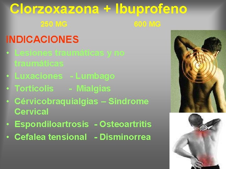 Clorzoxazona + Ibuprofeno 250 MG 600 MG INDICACIONES • Lesiones traumáticas y no traumáticas