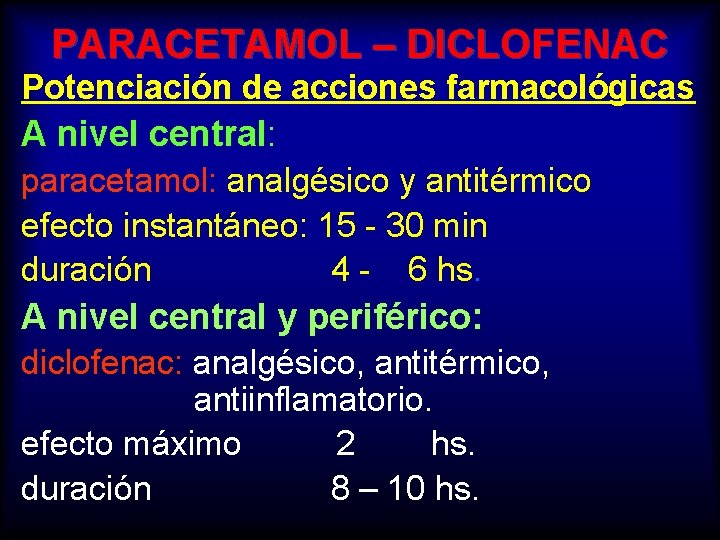PARACETAMOL – DICLOFENAC Potenciación de acciones farmacológicas A nivel central: paracetamol: analgésico y antitérmico