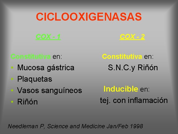 CICLOOXIGENASAS COX - 1 Constitutiva en: • • Mucosa gástrica Plaquetas Vasos sanguíneos Riñón