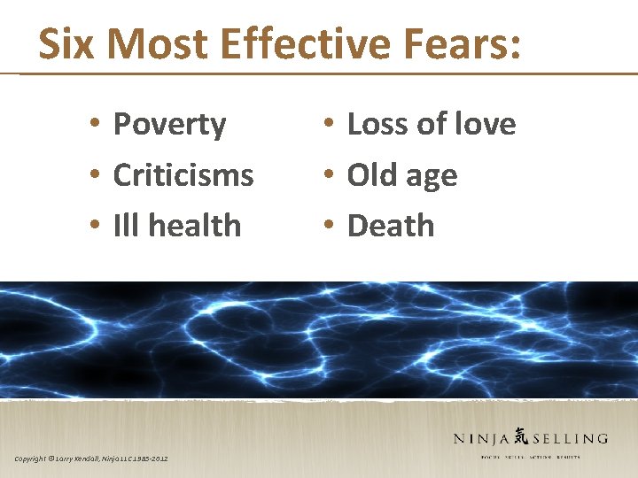 Six Most Effective Fears: • Poverty • Criticisms • Ill health Copyright © Larry