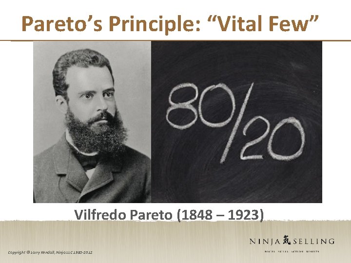 Pareto’s Principle: “Vital Few” Vilfredo Pareto (1848 – 1923) Copyright © Larry Kendall, Ninja