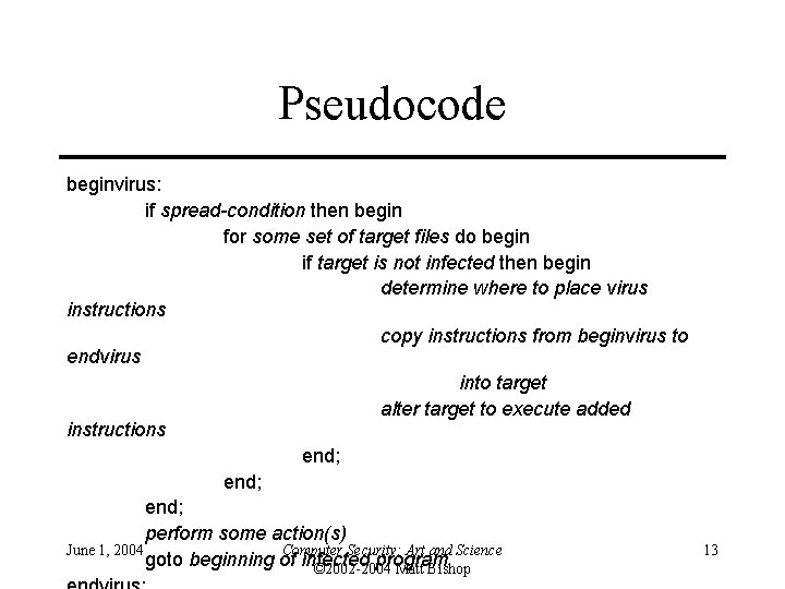 Pseudocode beginvirus: if spread-condition then begin for some set of target files do begin