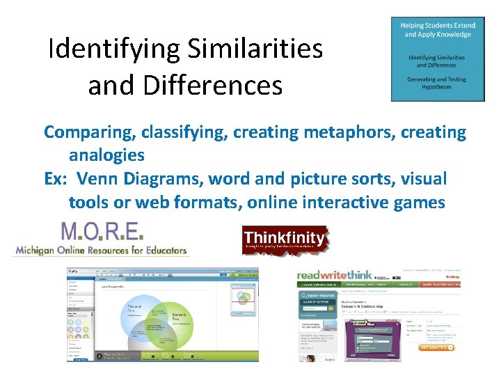 Identifying Similarities and Differences Comparing, classifying, creating metaphors, creating analogies Ex: Venn Diagrams, word