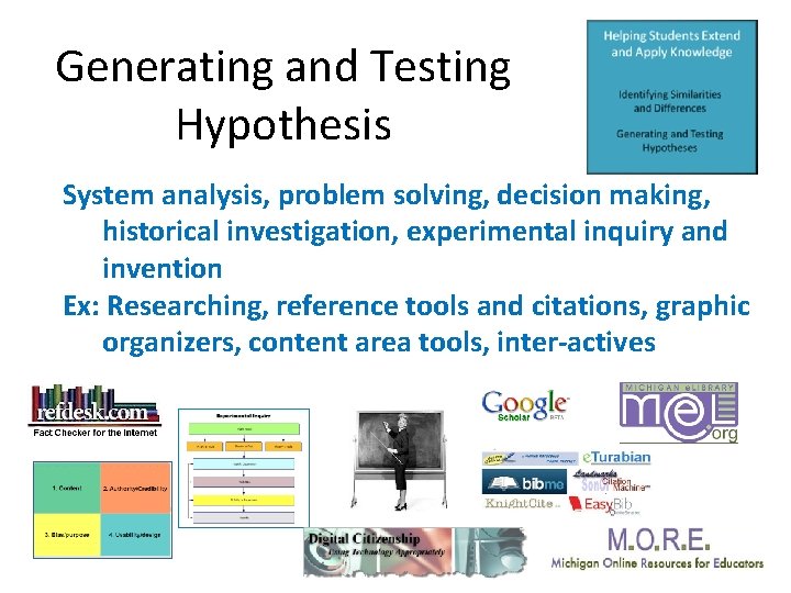 Generating and Testing Hypothesis System analysis, problem solving, decision making, historical investigation, experimental inquiry