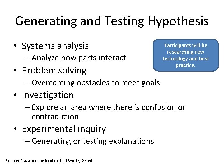 Generating and Testing Hypothesis • Systems analysis – Analyze how parts interact • Problem