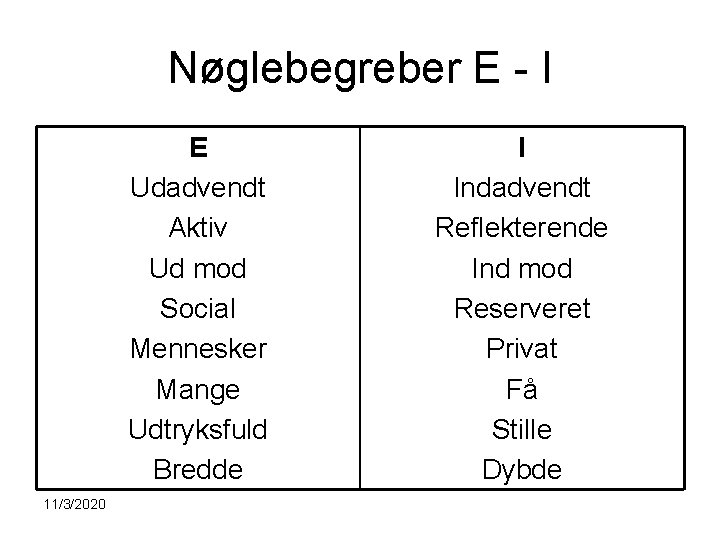 Nøglebegreber E - I E Udadvendt Aktiv Ud mod Social Mennesker Mange Udtryksfuld Bredde