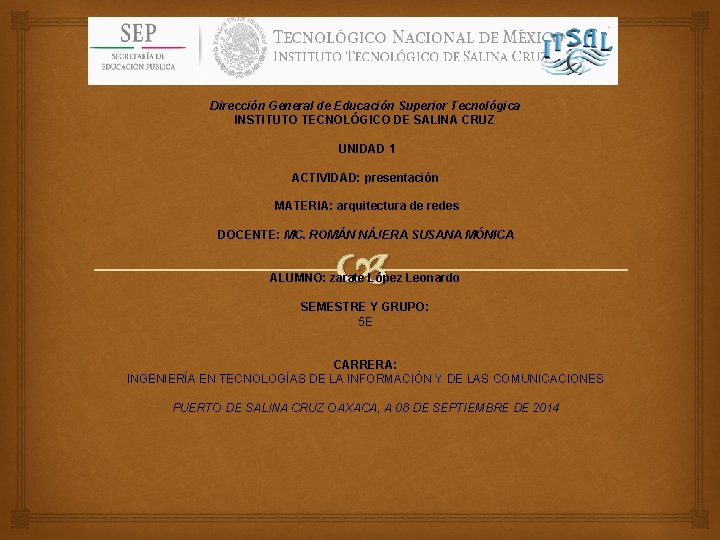 Dirección General de Educación Superior Tecnológica INSTITUTO TECNOLÓGICO DE SALINA CRUZ UNIDAD 1 ACTIVIDAD: