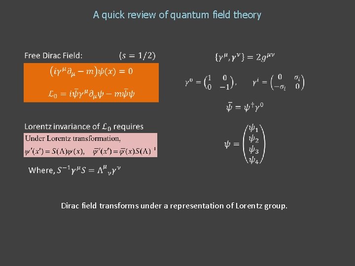 A quick review of quantum field theory Dirac field transforms under a representation of