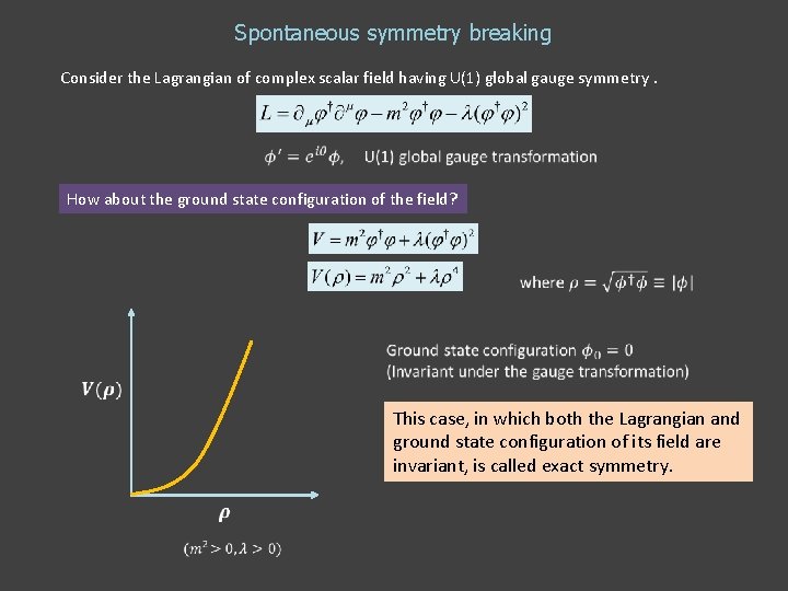 Spontaneous symmetry breaking Consider the Lagrangian of complex scalar field having U(1) global gauge